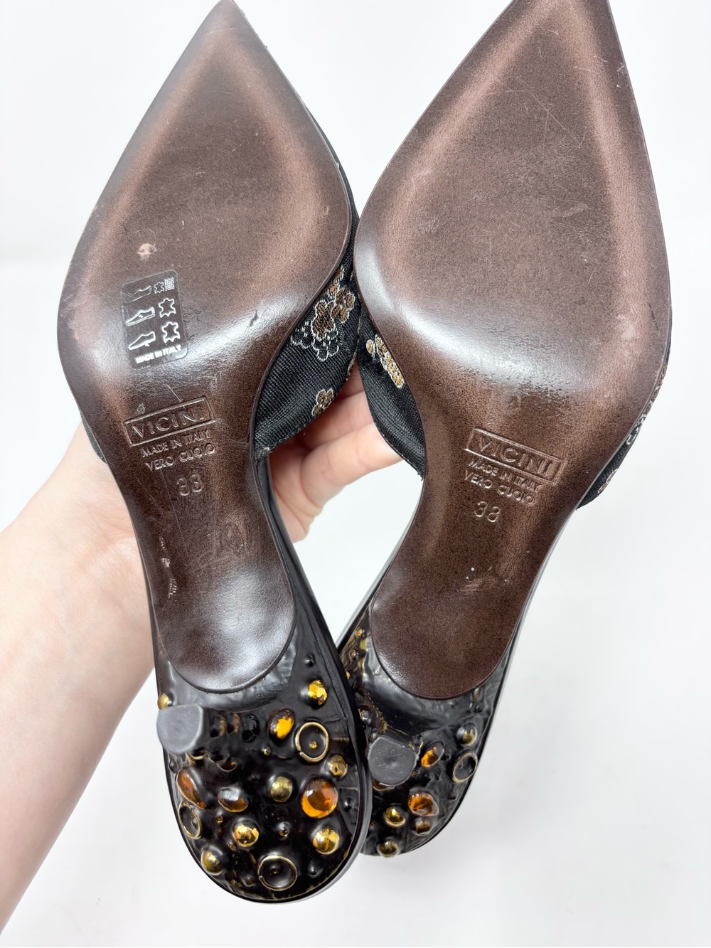 Vintage Giuseppe Zanotti Floral Jacquard Embellished Mule Heels Jeweled size 38 - Picture 6 of 8